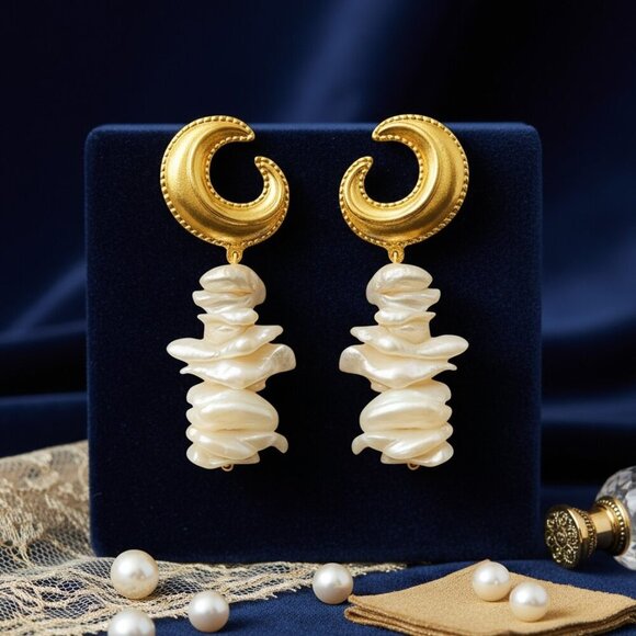 🆕️Crescent Moon Earrings with Baroque Pearls 18K Gold Plated Statement Jewelry - Picture 9 of 12